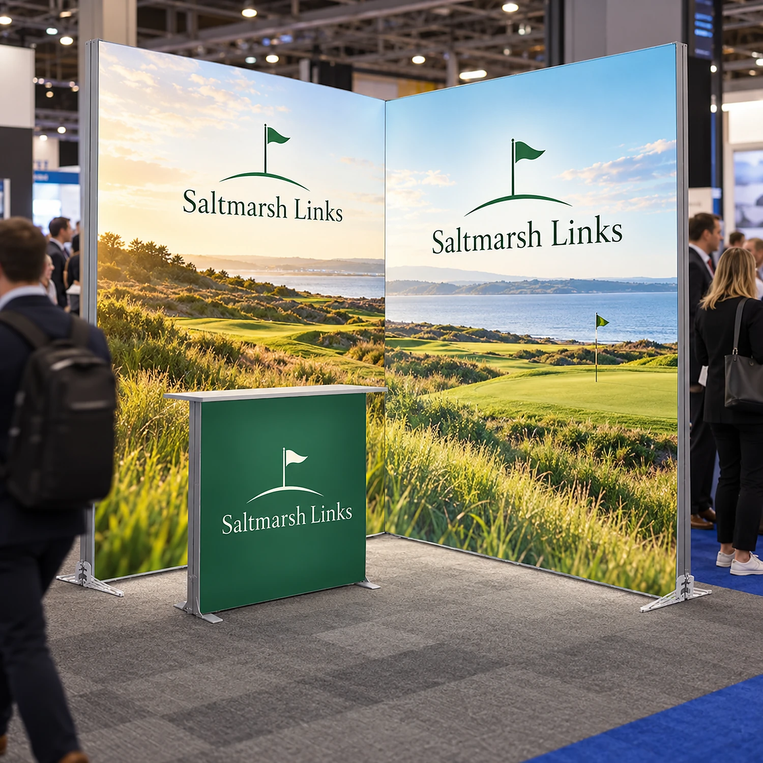 LED lightbox exhibition stand with counter in use at a busy trade show