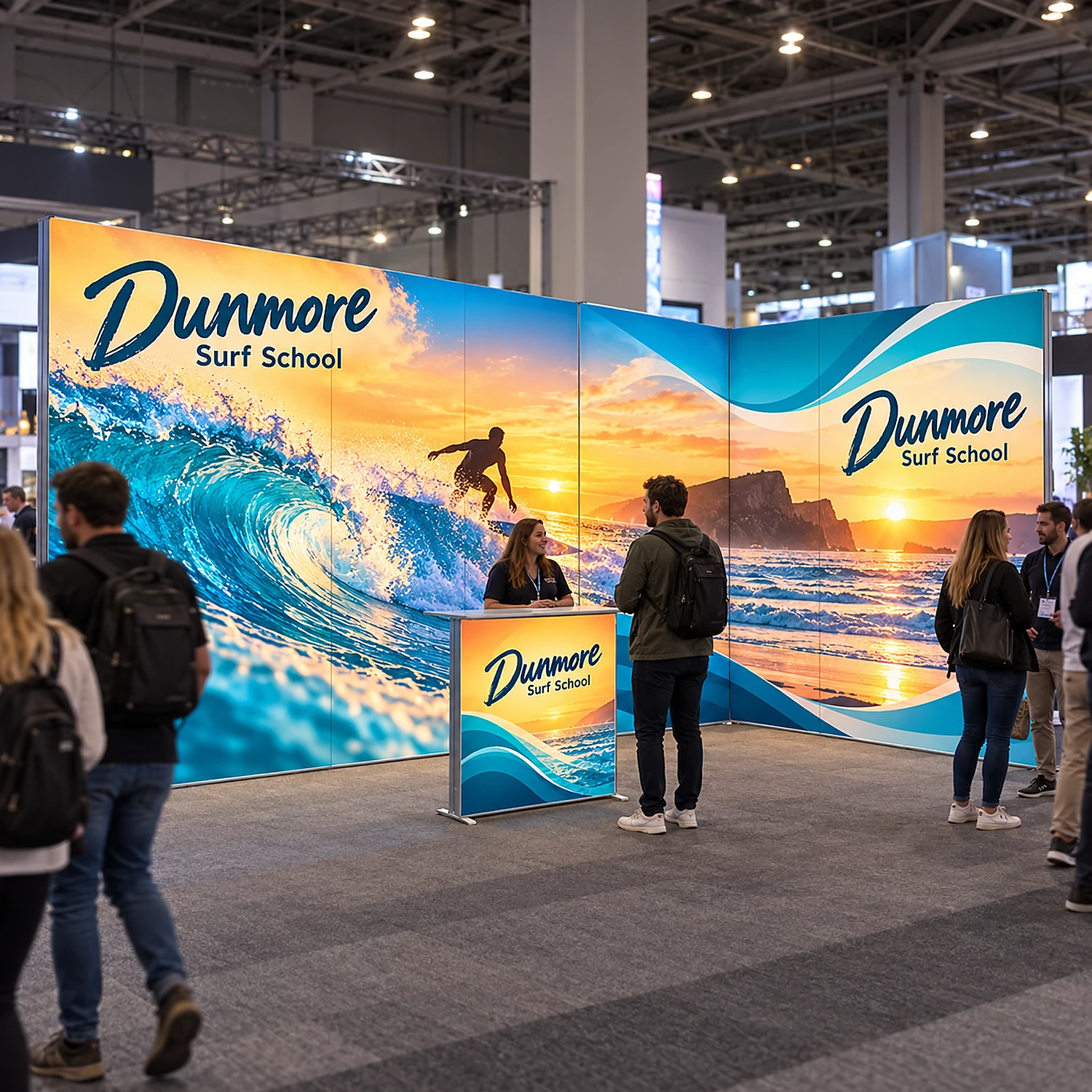 LED lightbox exhibition stand with counter in use at a busy trade show