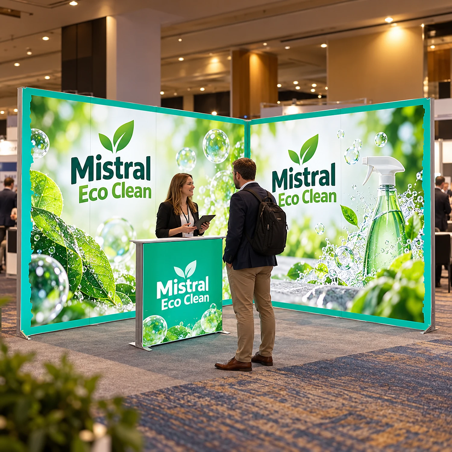 LED lightbox exhibition stand with counter at a business expo with staff talking to a visitor
