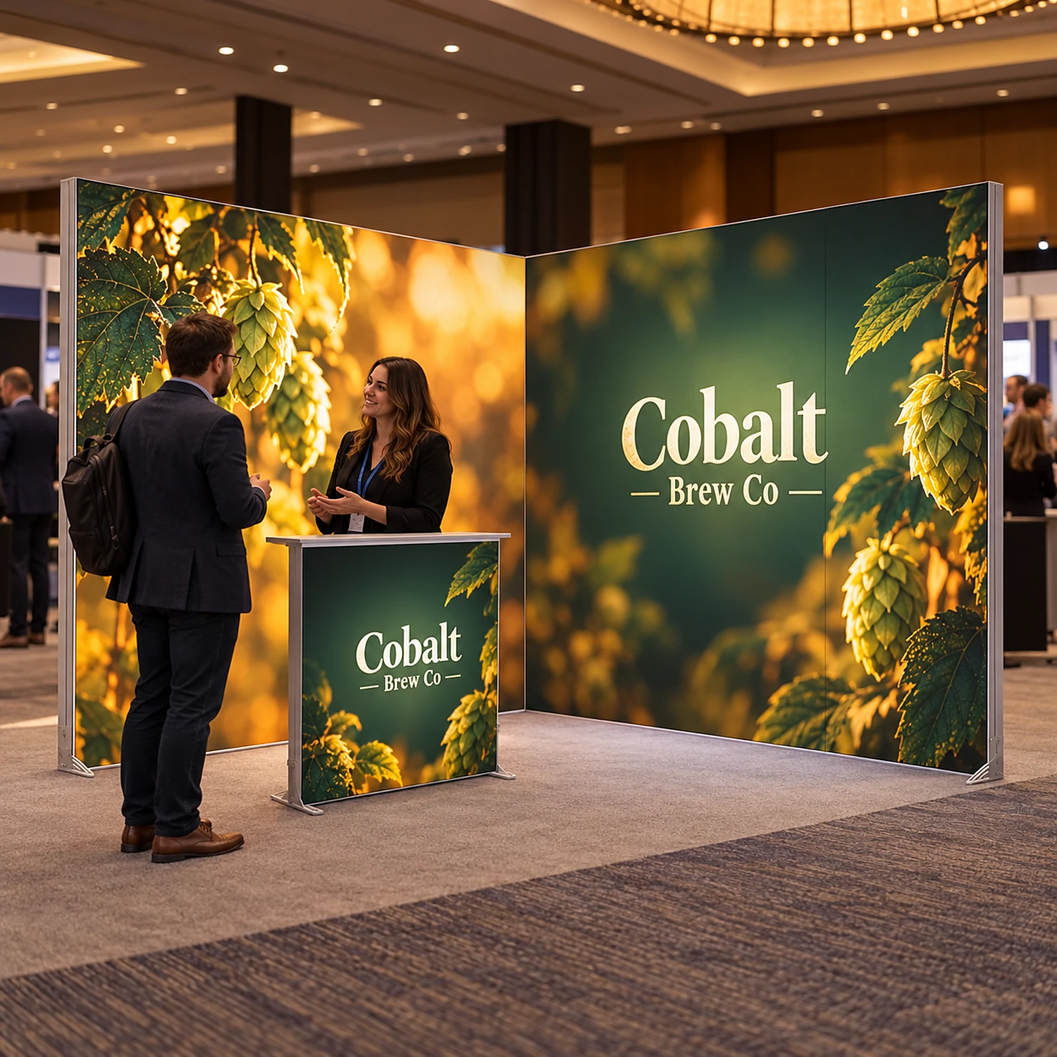 LED lightbox exhibition stand with counter at a business expo with staff talking to a visitor