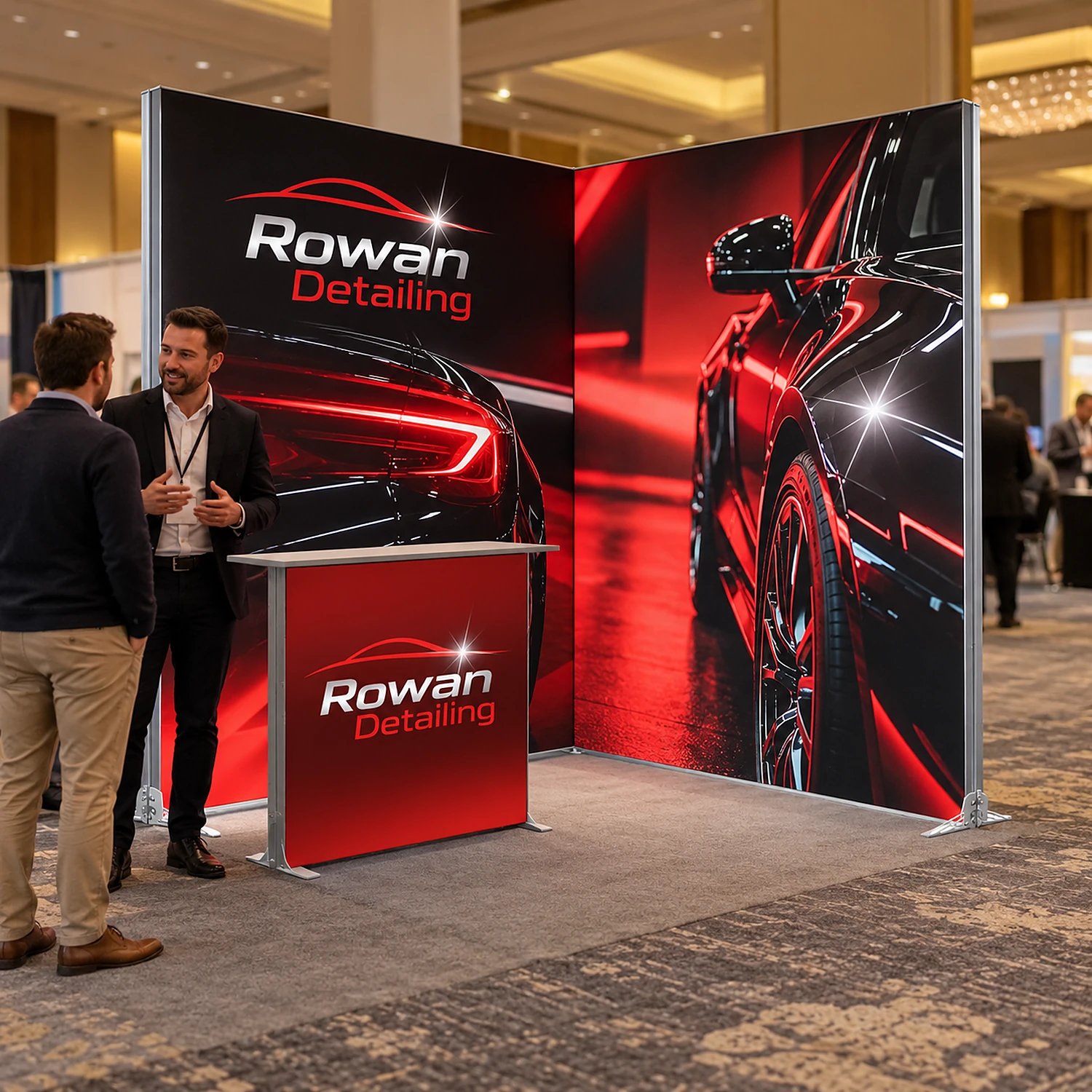 LED lightbox exhibition stand with counter at a business expo with staff talking to a visitor