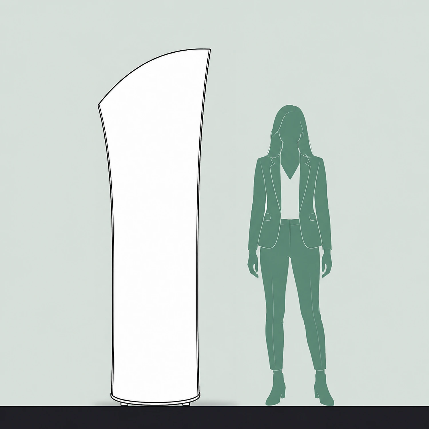 Line drawing of the Brandcusi Angle Banner Stand shown to scale next to a 1.7m person
