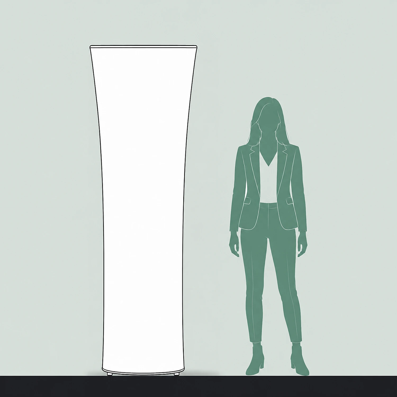 Line drawing of the Brandcusi Straight Banner Stand shown to scale next to a 1.7m person