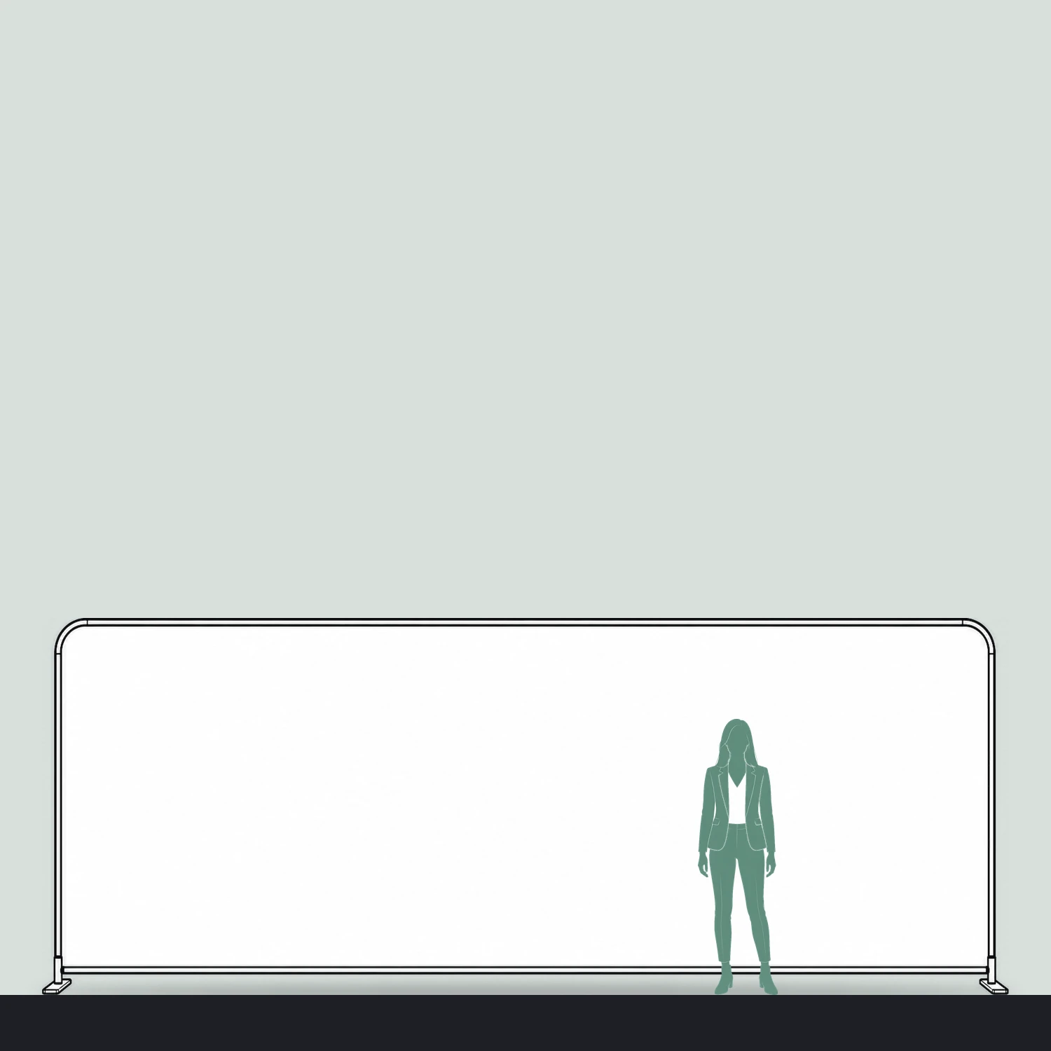 Long straight fabric display wall size guide, 5.95 m wide by 2.32 m high, shown next to a person