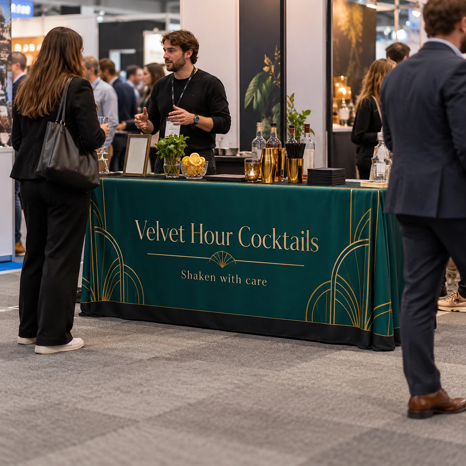 Loose Fitted Draped Table Cover printed table cover at a trade show, shown with an example design