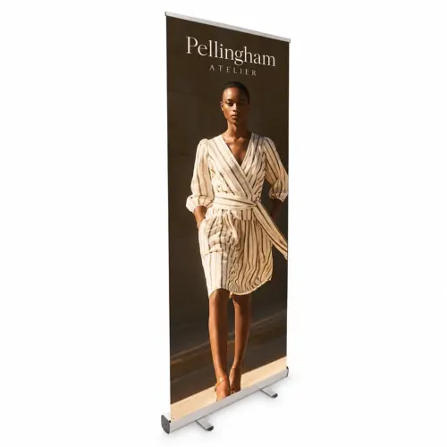 Mantis Roller Banner - 850mm - Lightweight & Cost-Effective, shown with example artwork