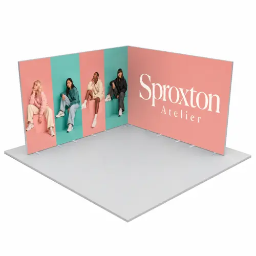 Modular Exhibition Stand 4m x 4m, Open on 2 Sides, 2.5m High, shown with example artwork