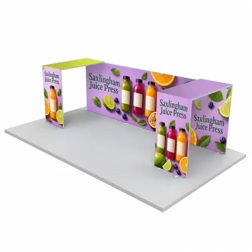 Modular Exhibition Stand 6m x 3m, Open on 3 Sides, 2.5m High, shown with example artwork