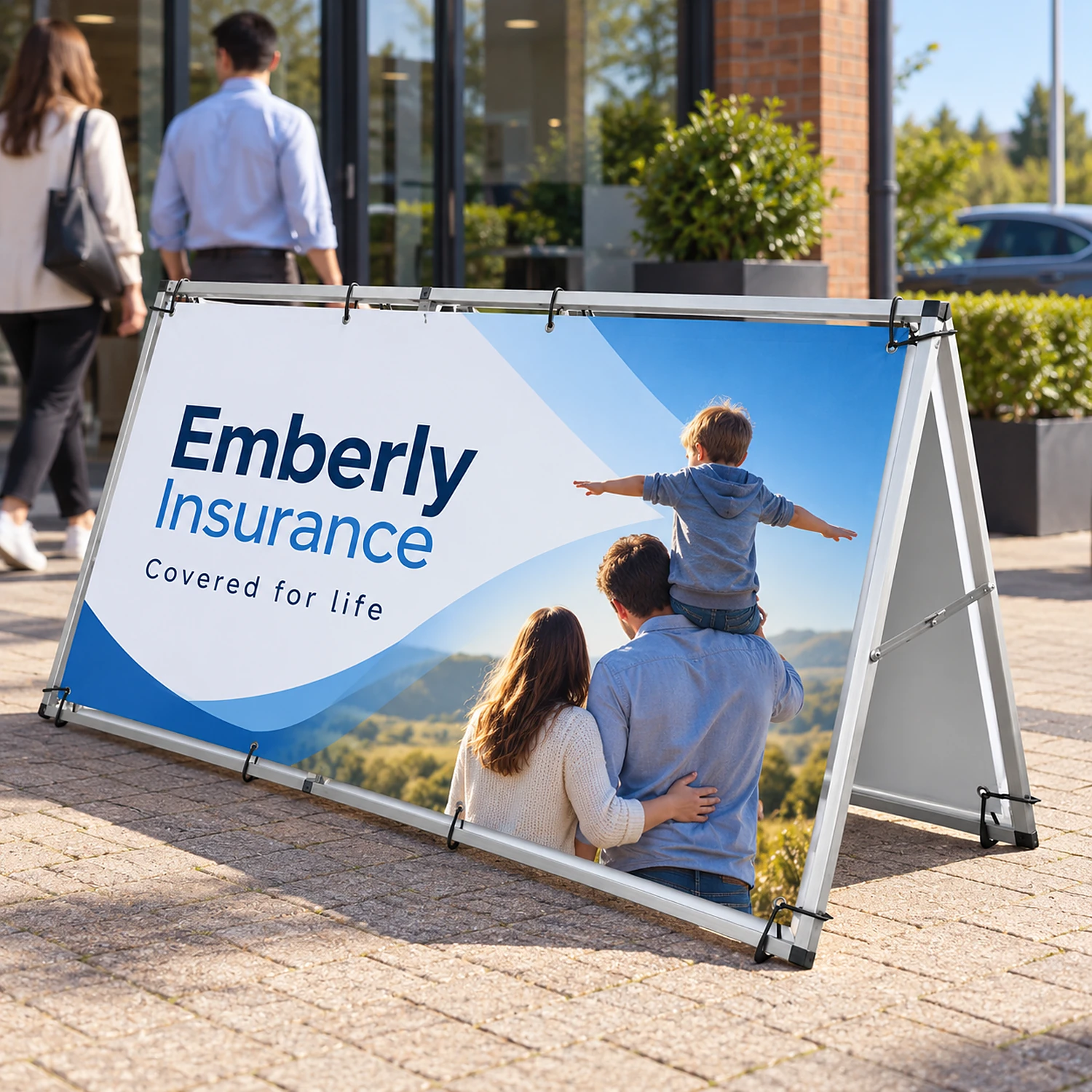 Monsoon A-frame banner frame in use on a business forecourt