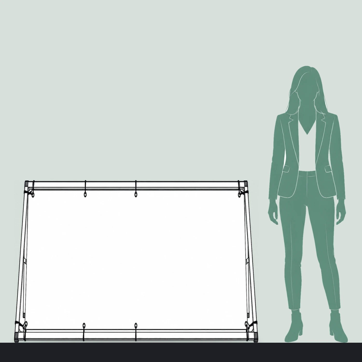 Monsoon A-frame banner frame size guide, 1500mm wide x 1000mm high, shown next to a person for scale