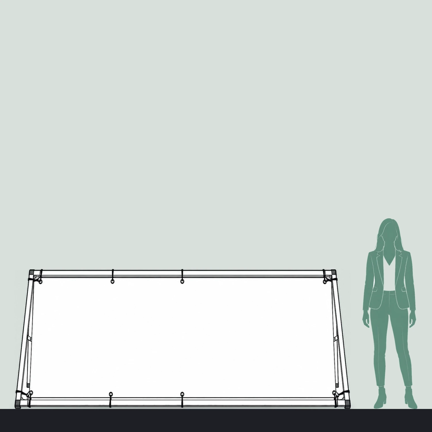 Monsoon A-frame banner frame size guide, 3000mm wide x 1250mm high, shown next to a person for scale