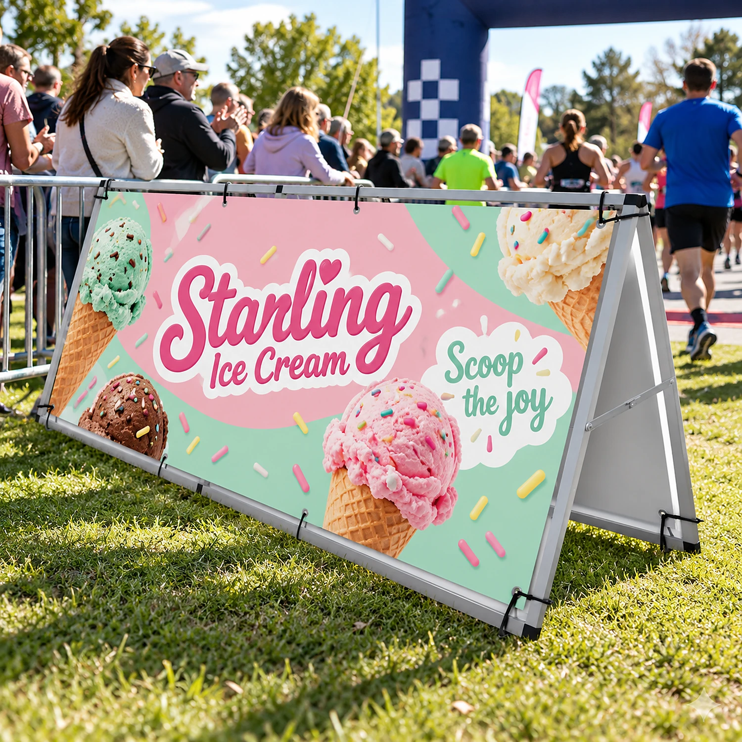 A-frame banner stand in use at an outdoor sports event
