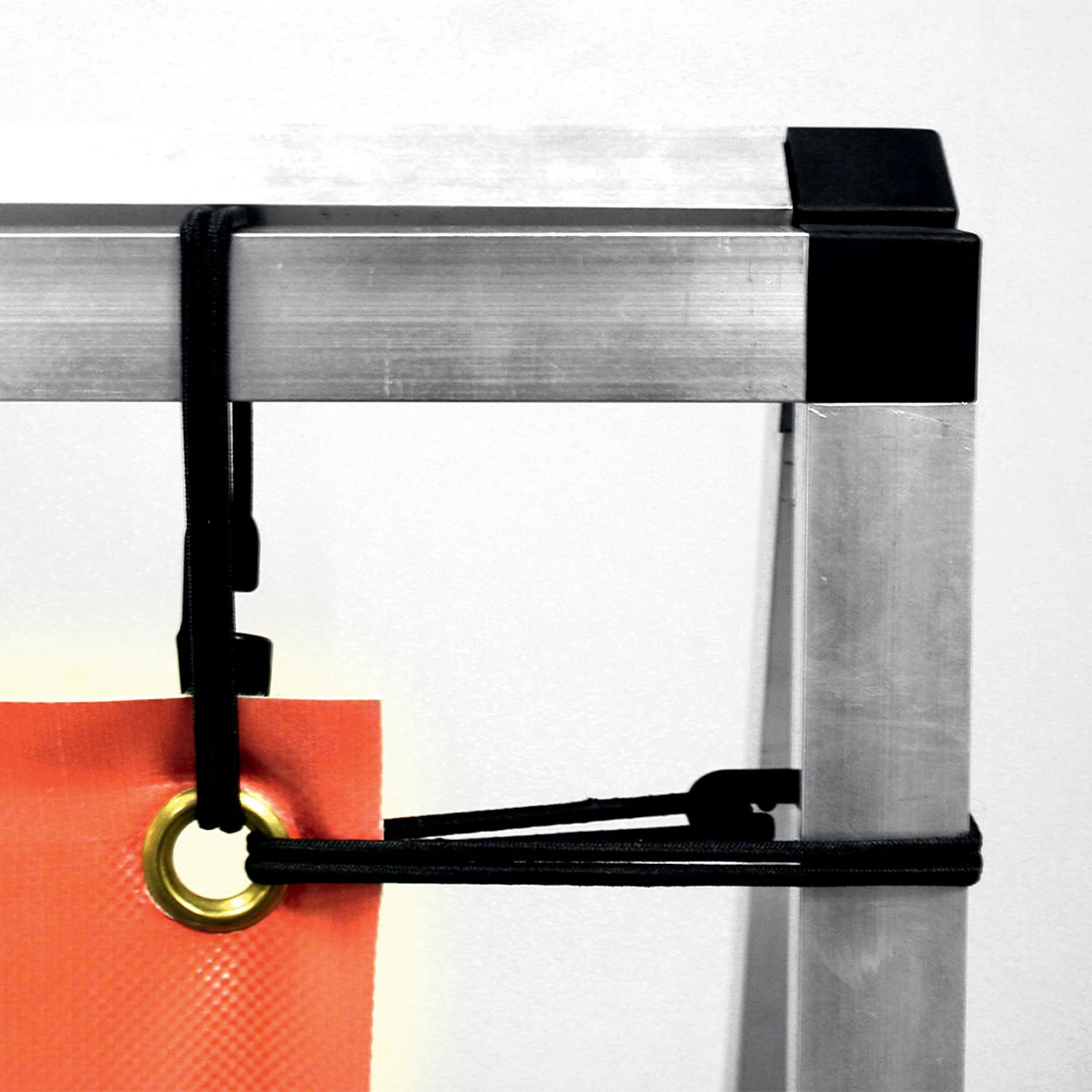A-frame corner with bungee tie through the banner eyelet