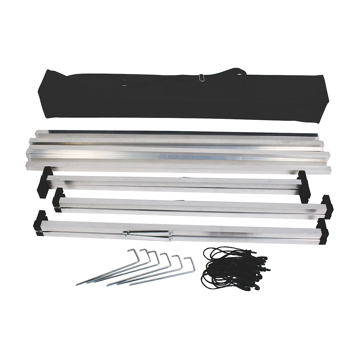 A-frame banner kit with frame sections, bungee ties, ground pegs and carry bag