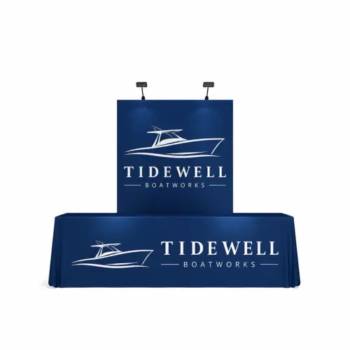 OneFabric Pop-up Display - Straight Tabletop w/ Endcaps - 5ft Wide, shown with example artwork