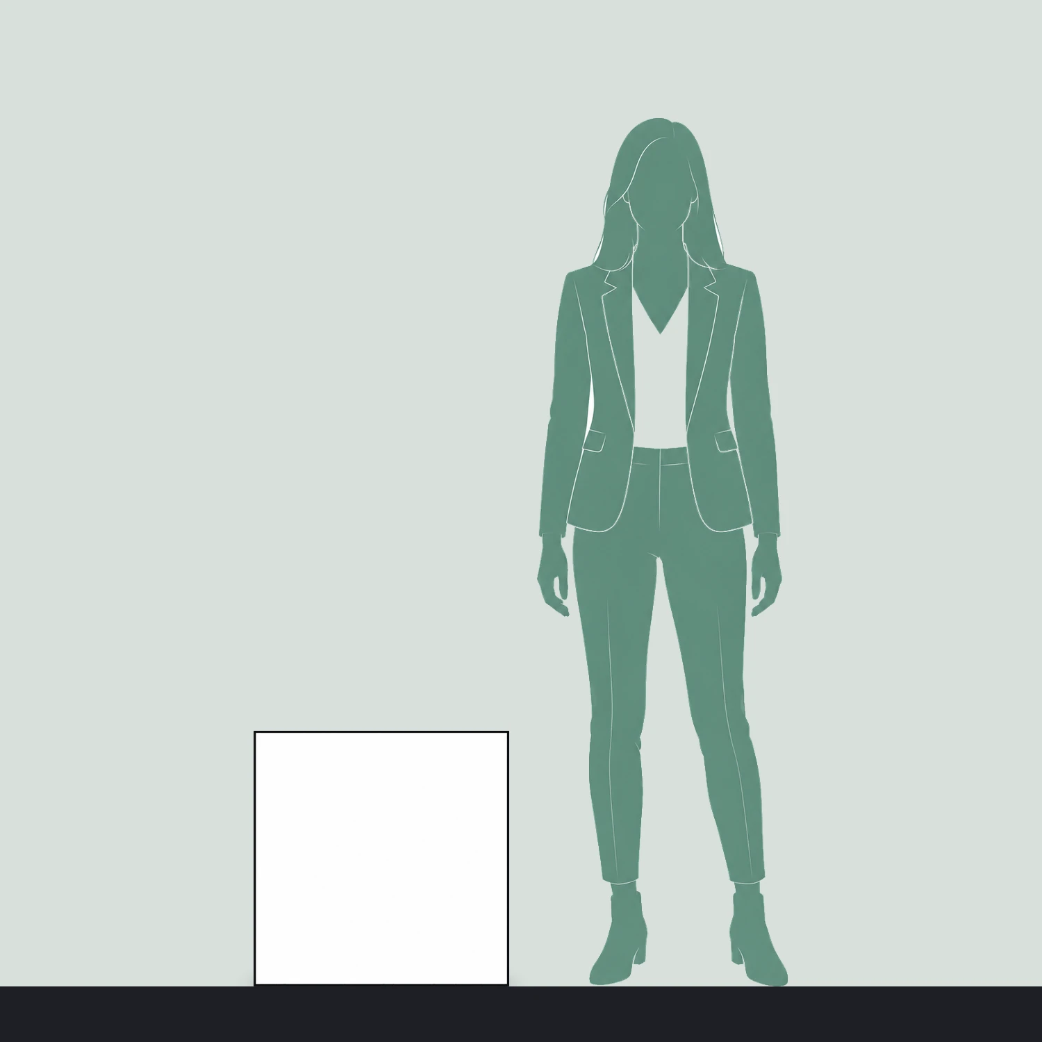 Printed cardboard display cube size guide, 0.5 m wide by 0.5 m high, shown next to a person