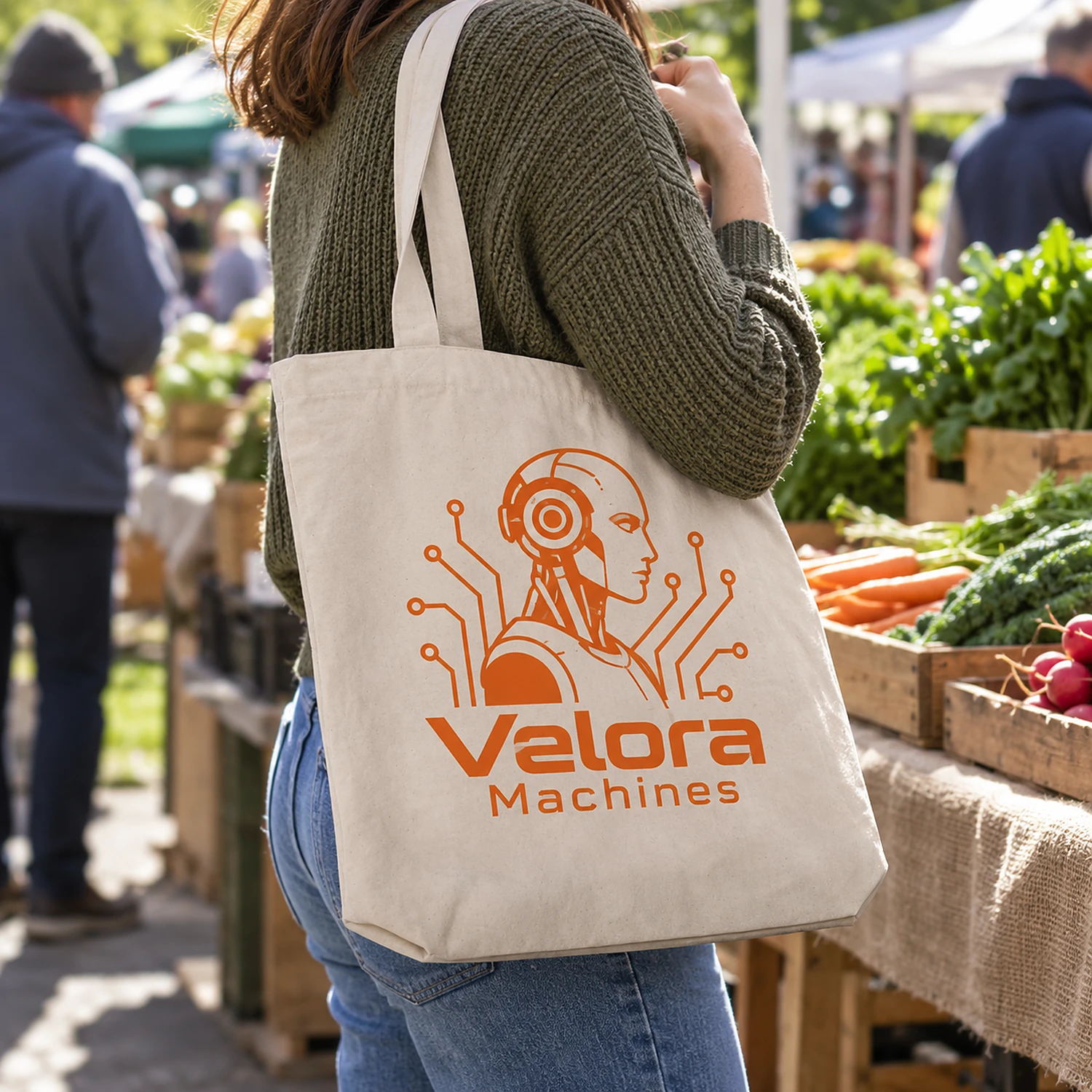 Printed cotton tote bag carried at a farmers market