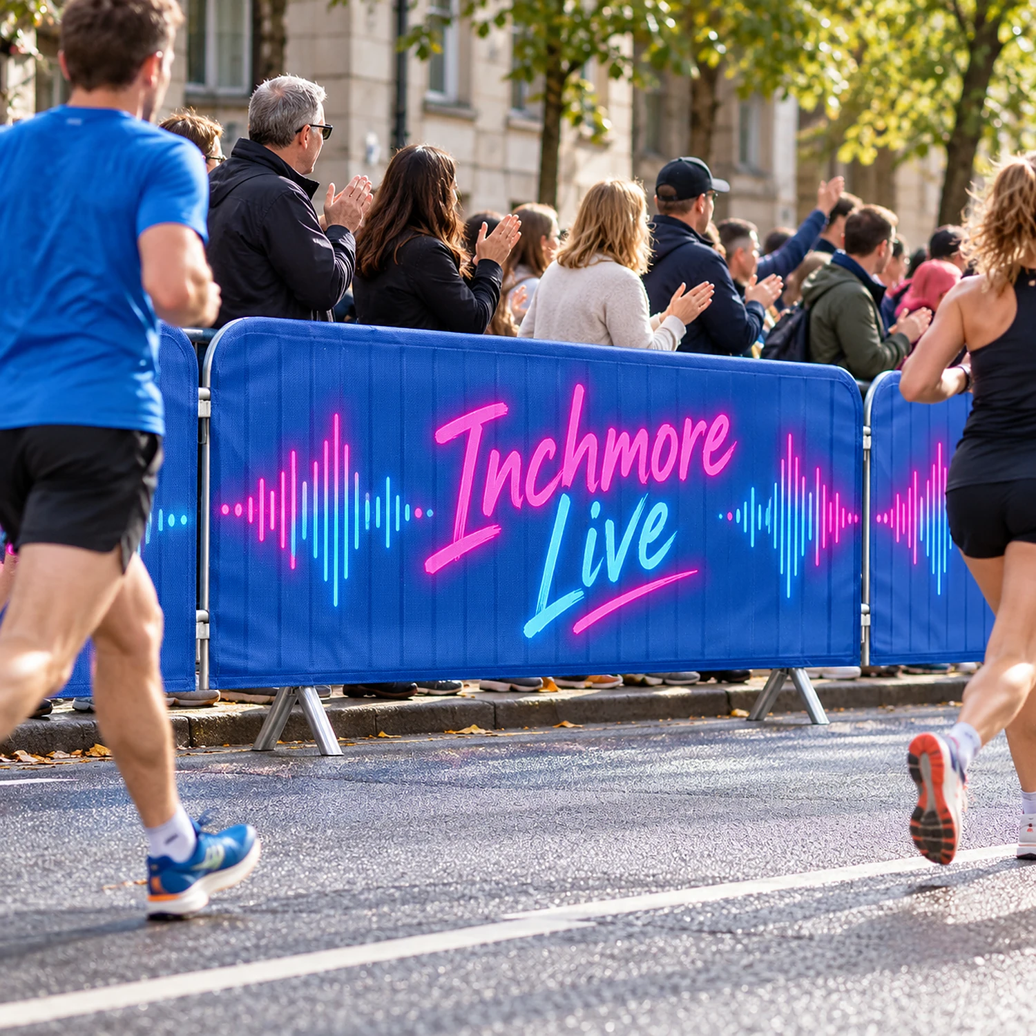 Printed crowd barrier jacket lining the finish of a fun run