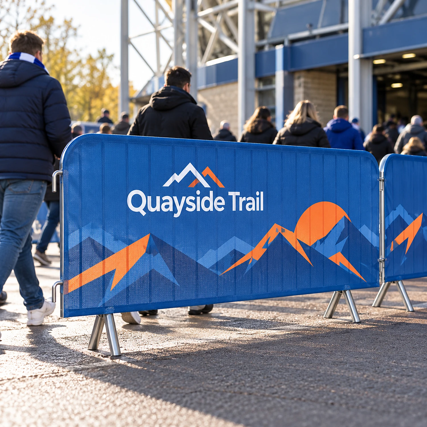 Printed crowd barrier jacket lining a stadium entrance