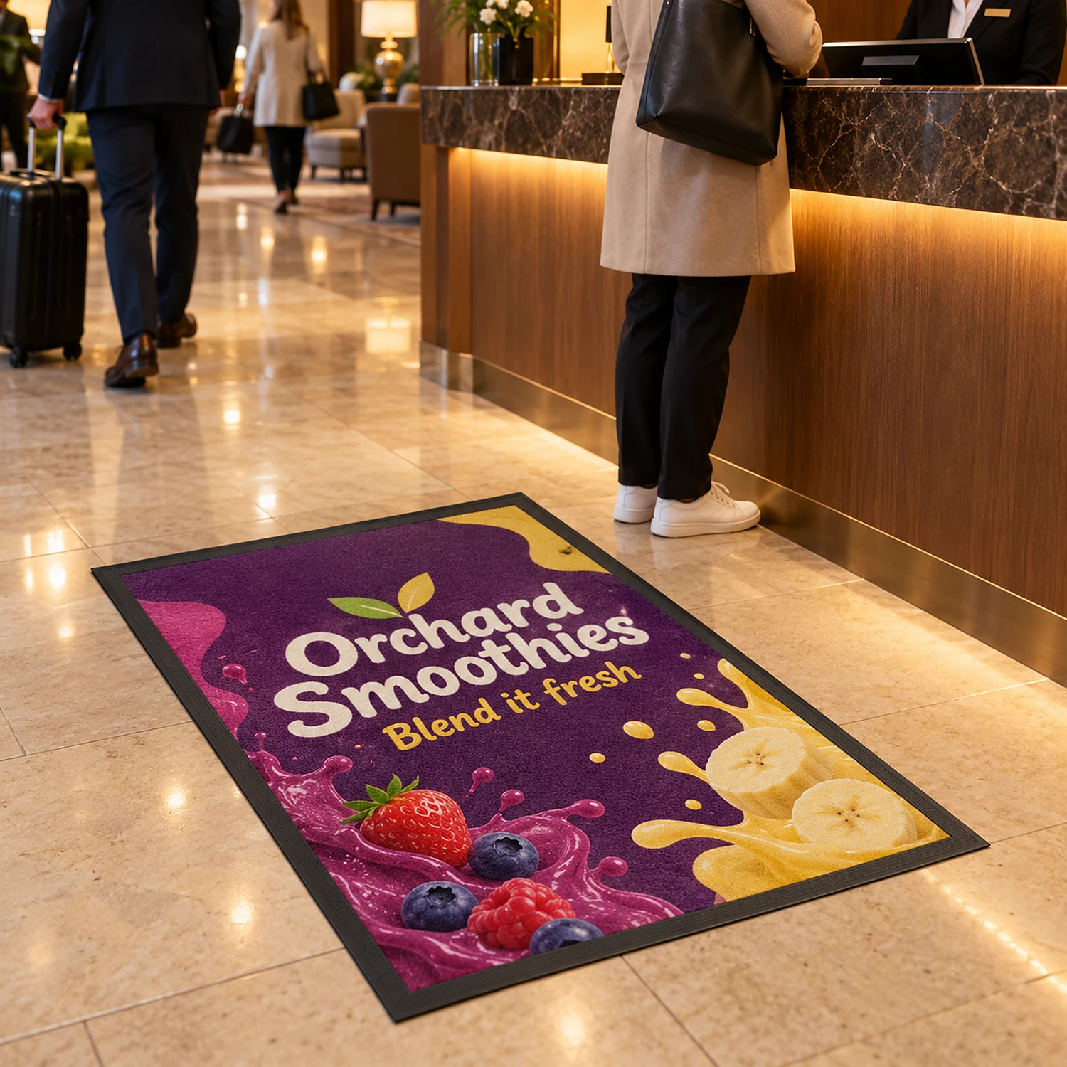 Printed floor mat in a hotel lobby