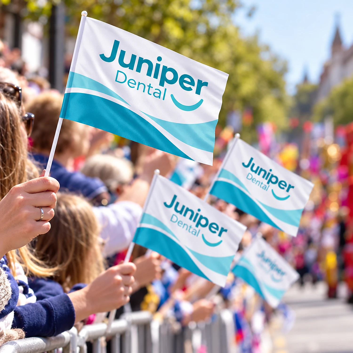 Printed handwaving flags waved at a street parade