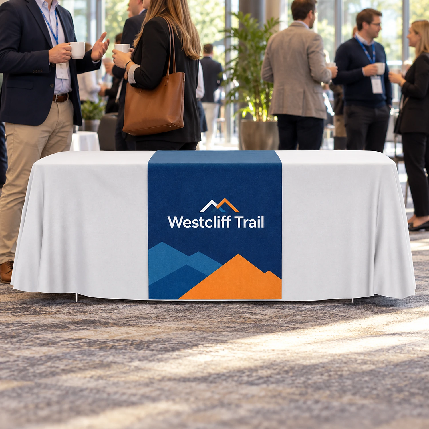 Printed table runner at a conference networking area