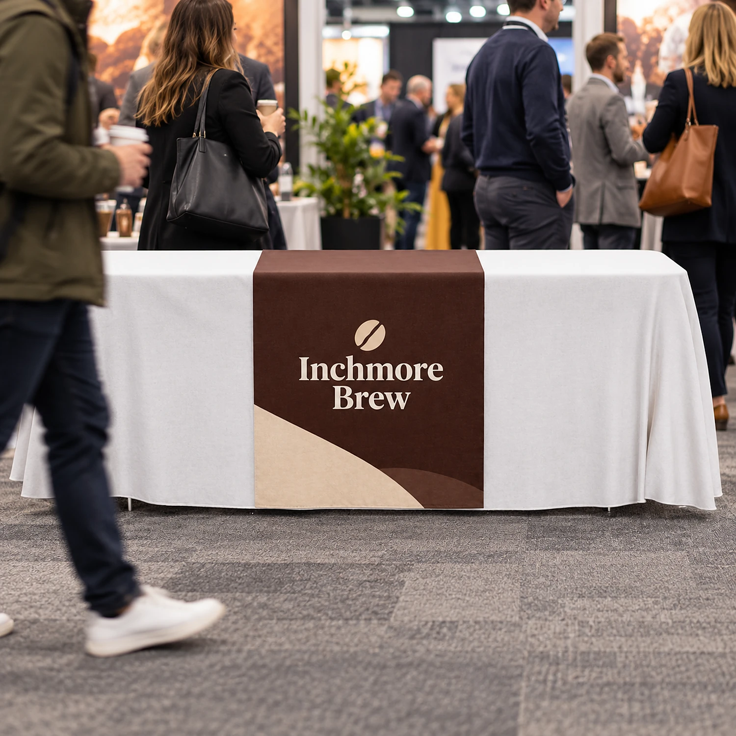 Printed table runner in use at a busy trade show