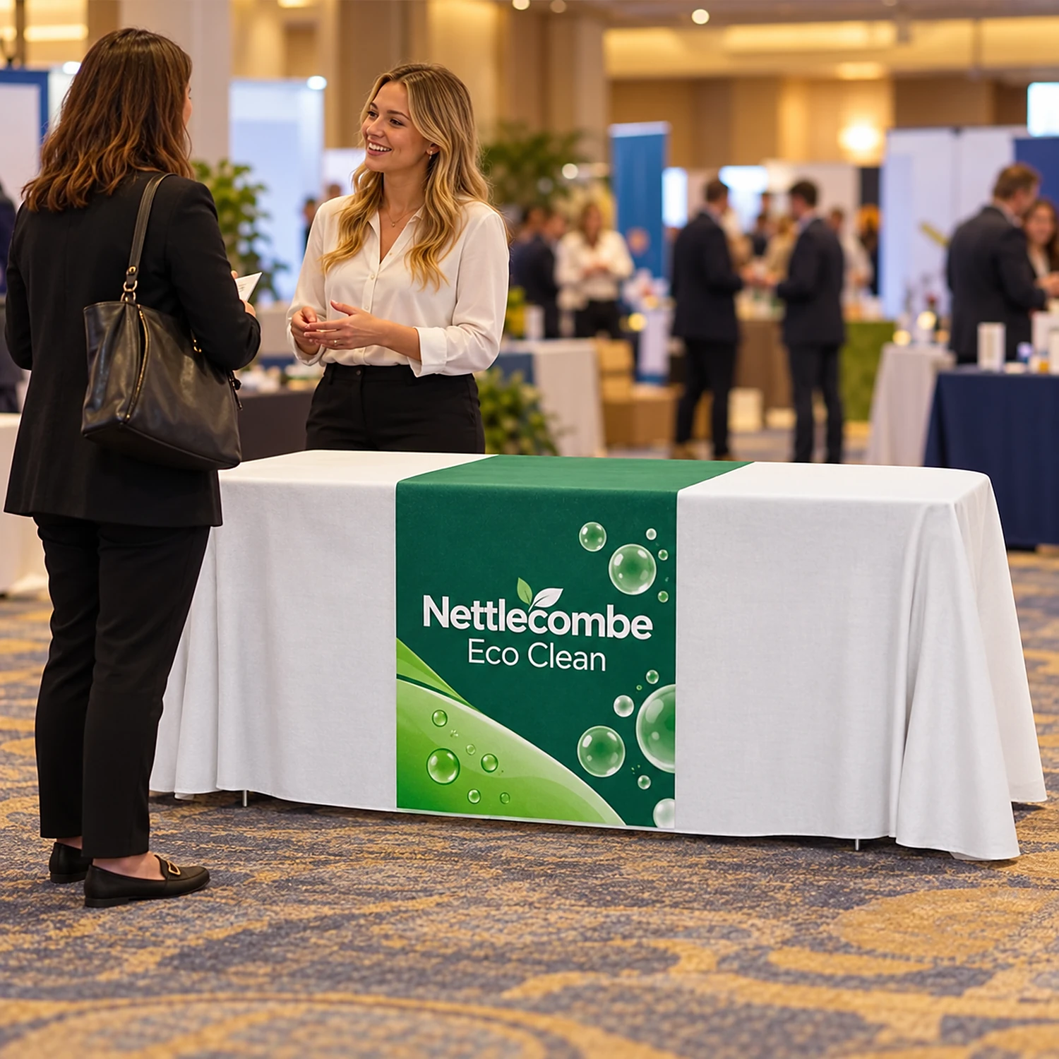 Printed table runner at a business expo with staff talking to a visitor
