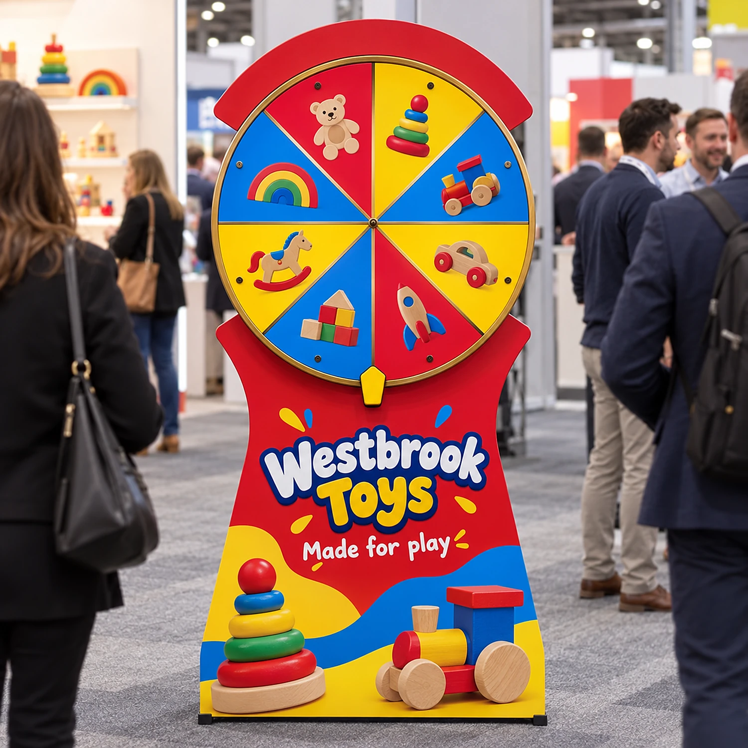 Promotional spin the wheel game in use at a busy trade show
