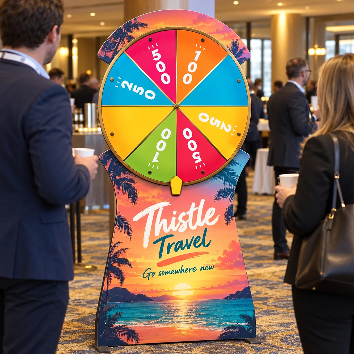 Promotional spin the wheel game in use in a hotel conference foyer