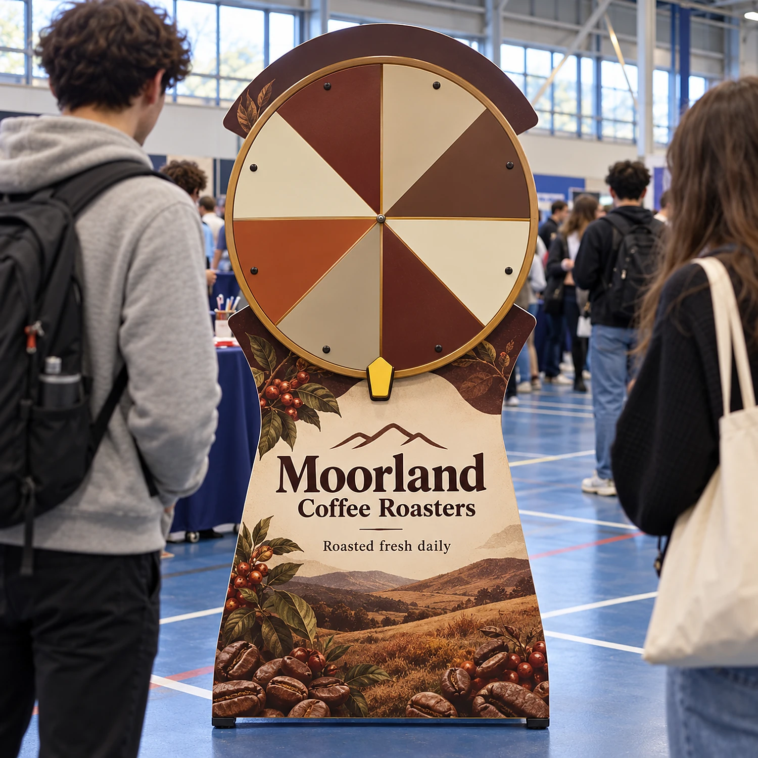 Promotional spin the wheel game in use at a university careers fair