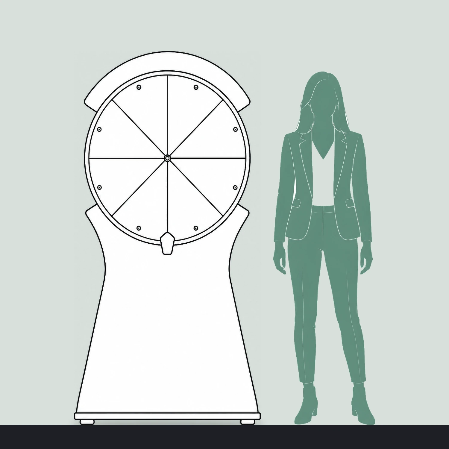 Promotional spin the wheel game size guide, 900mm wide x 1800mm high, shown next to a person for scale
