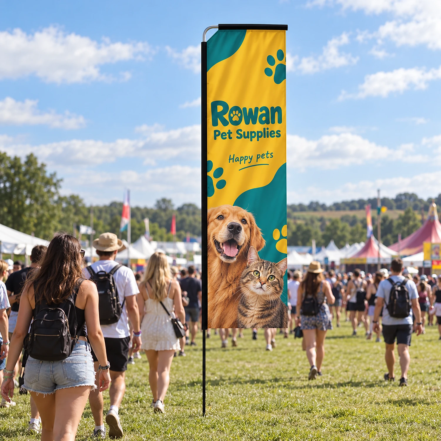 Rectangle fibreglass flag in use at a summer festival entrance