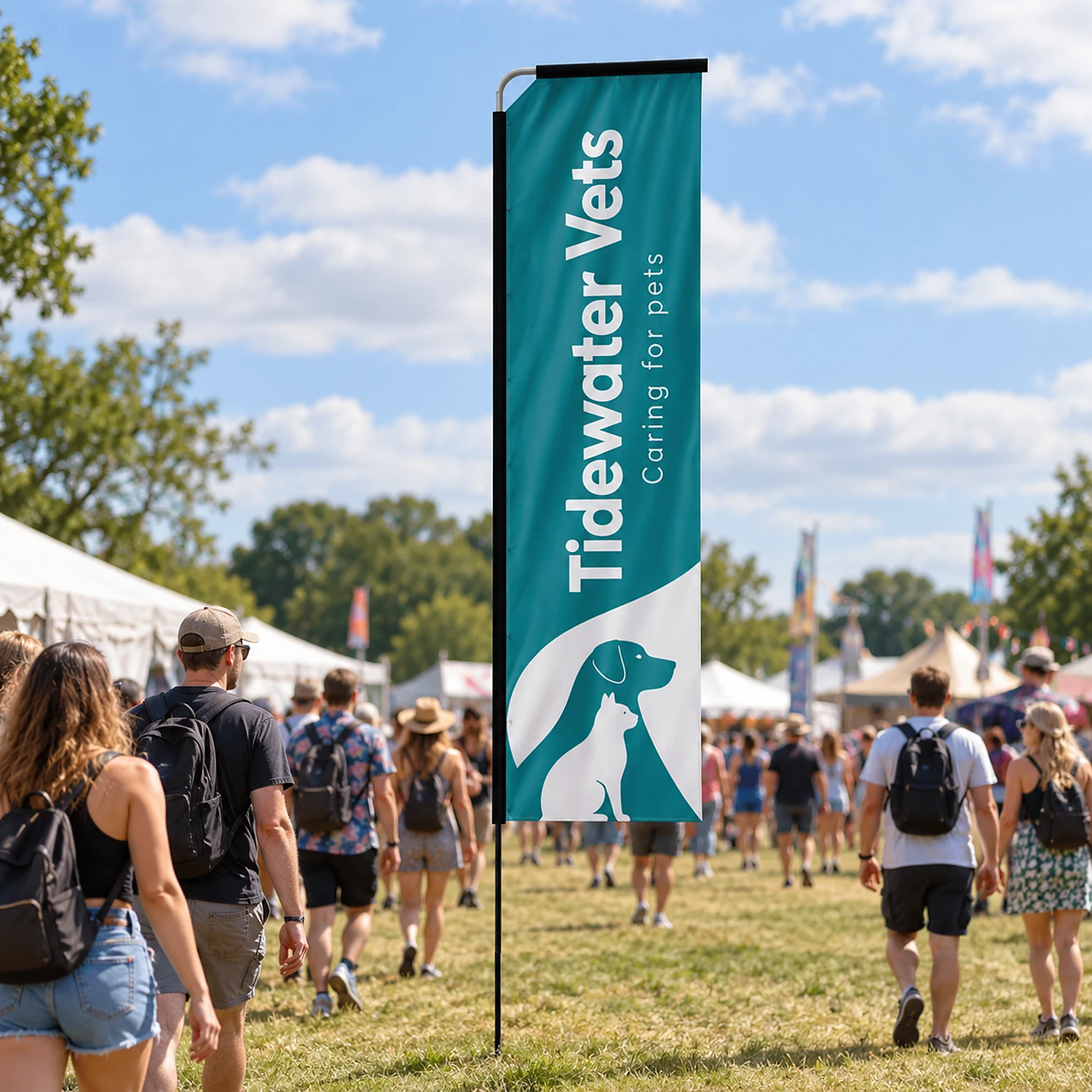 Rectangle fibreglass flag in use at a summer festival entrance