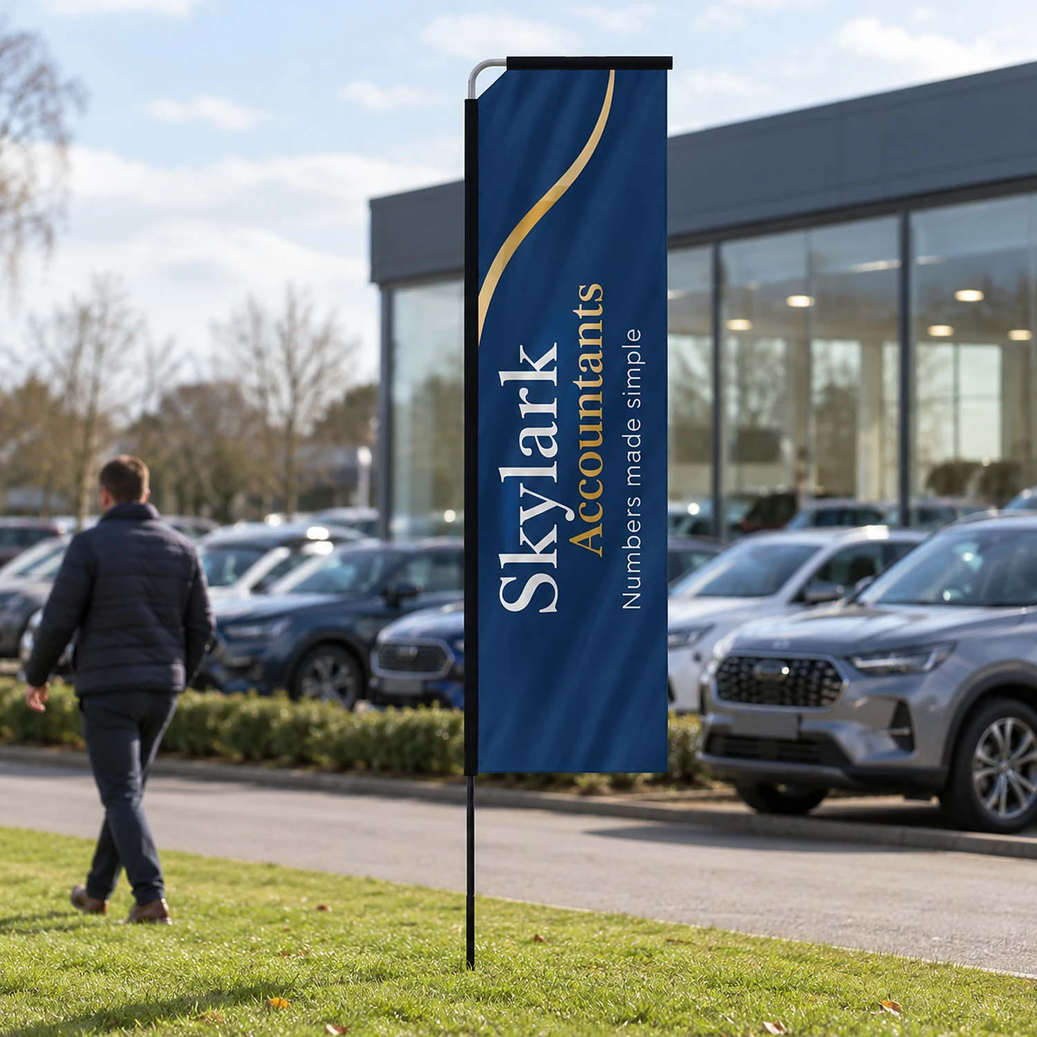 Rectangle fibreglass flag in use outside a car showroom