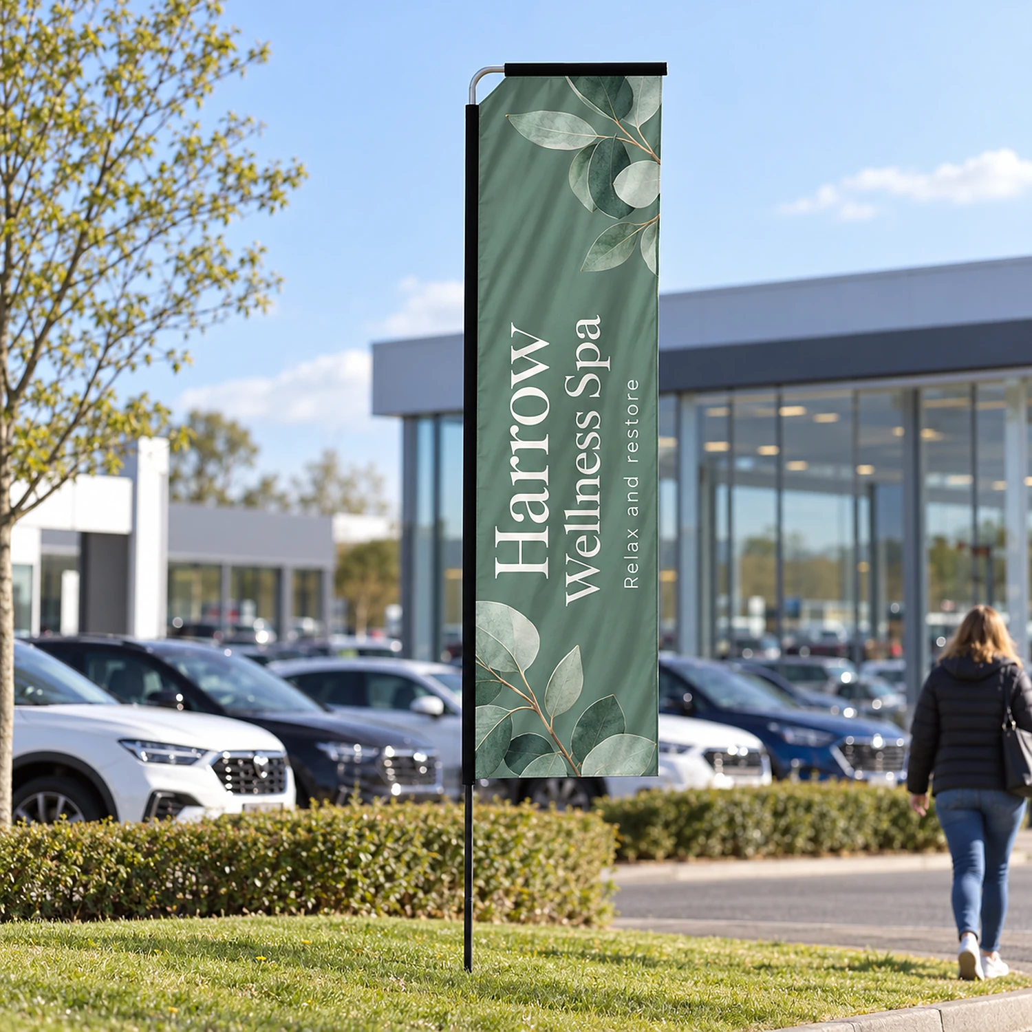 Rectangle fibreglass flag in use outside a car showroom
