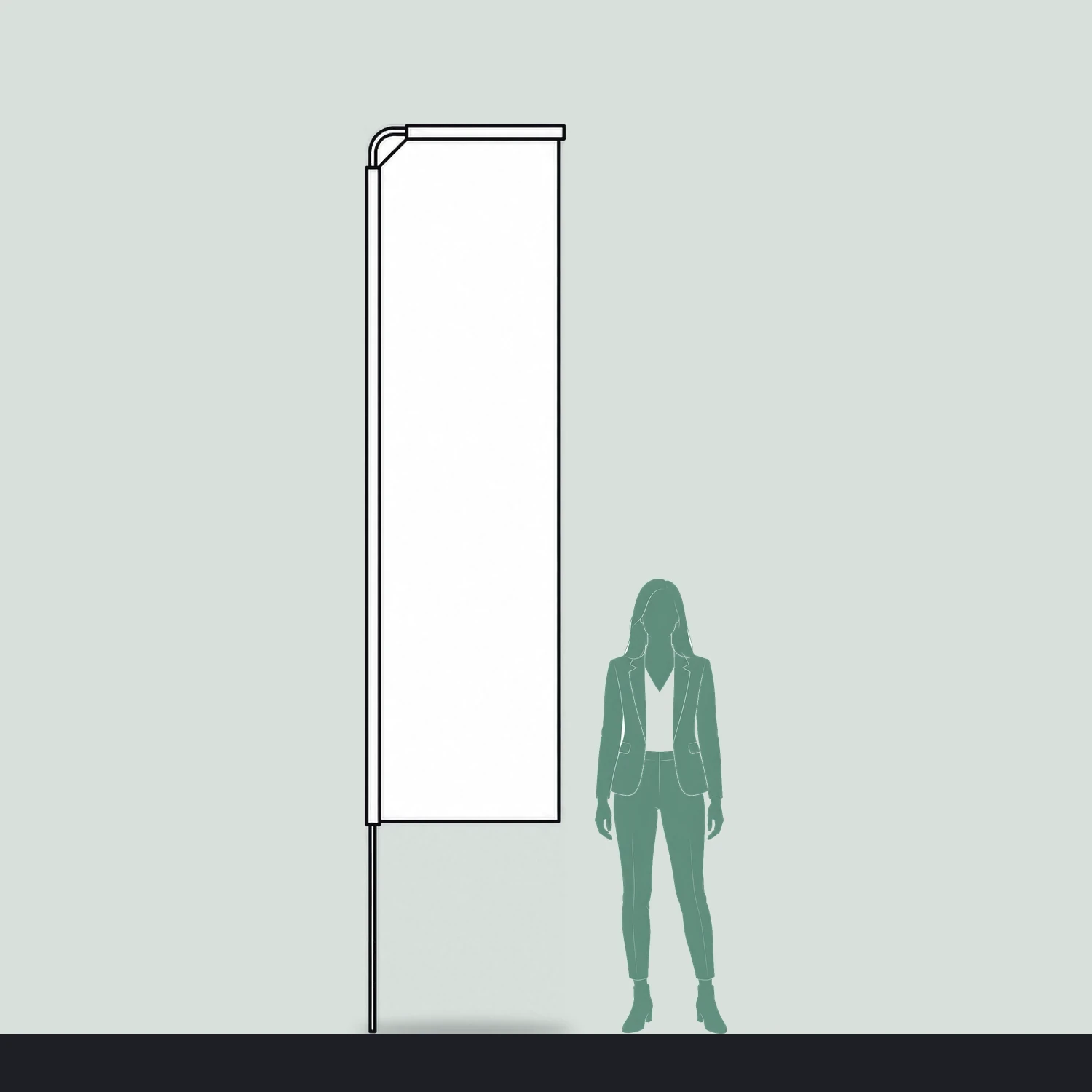 Rectangle fibreglass flag size guide, 750mm wide x 3400mm high, shown next to a person for scale
