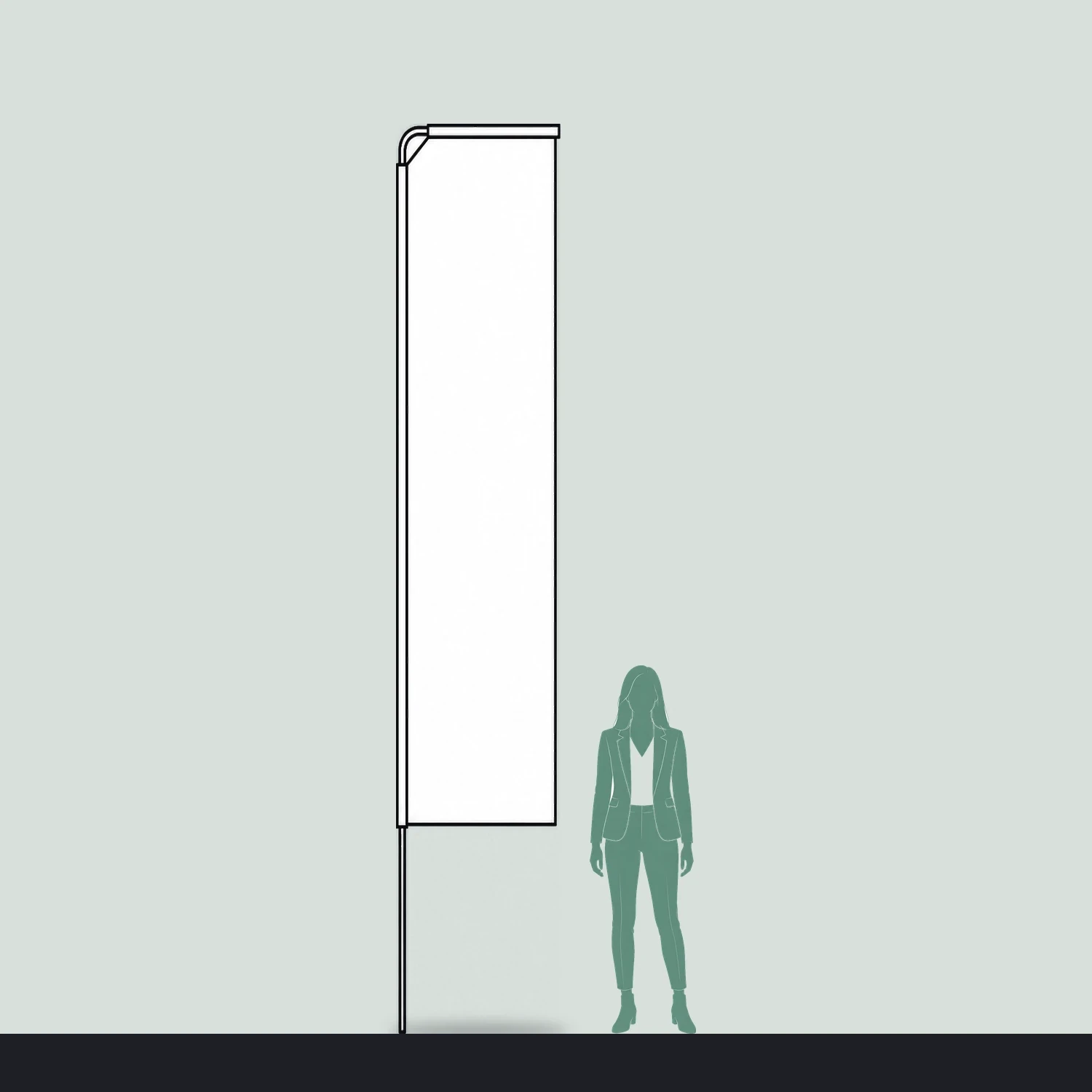Rectangle fibreglass flag size guide, 760mm wide x 4200mm high, shown next to a person for scale