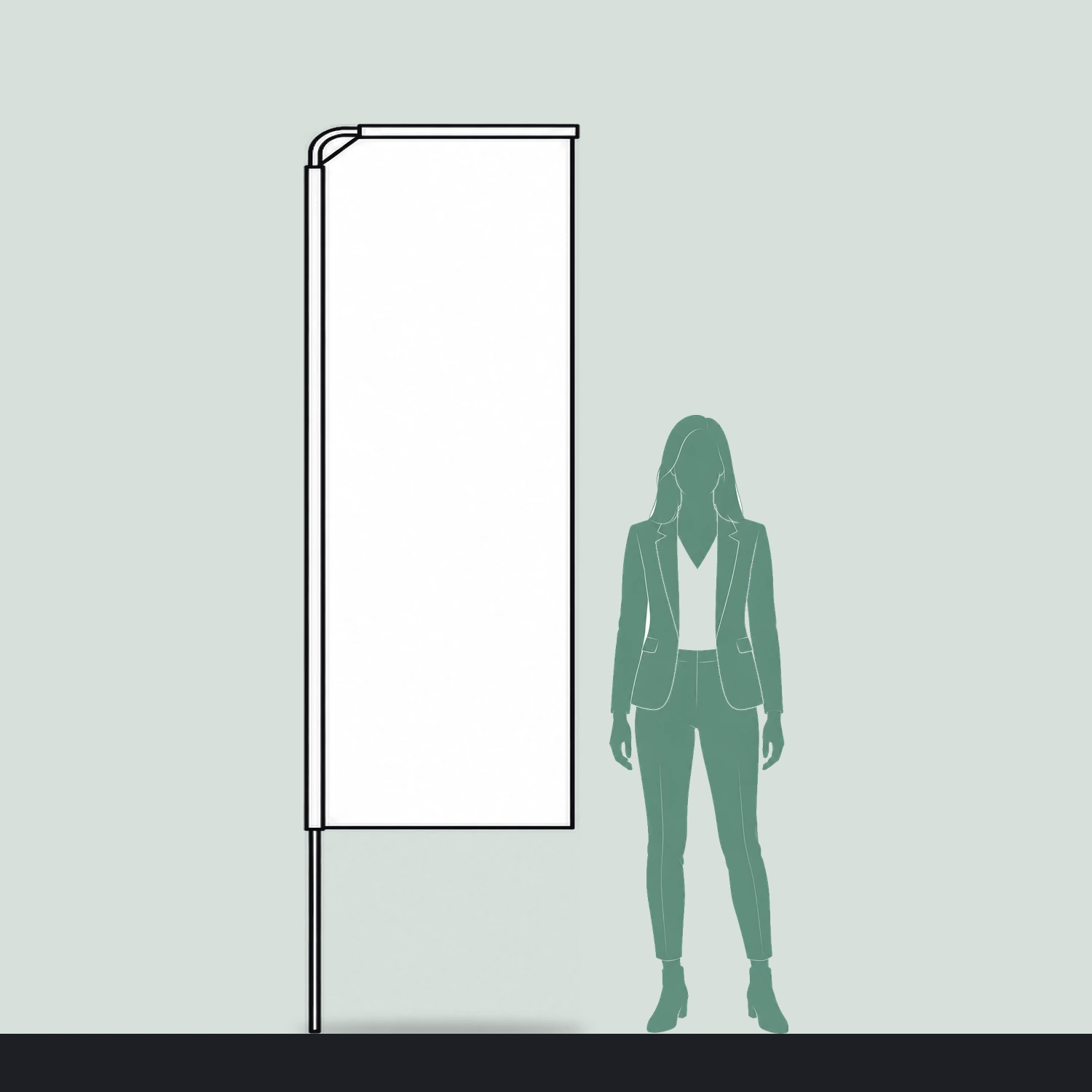 Rectangle flag size guide, 0.76 m wide by 2.5 m high, shown next to a person