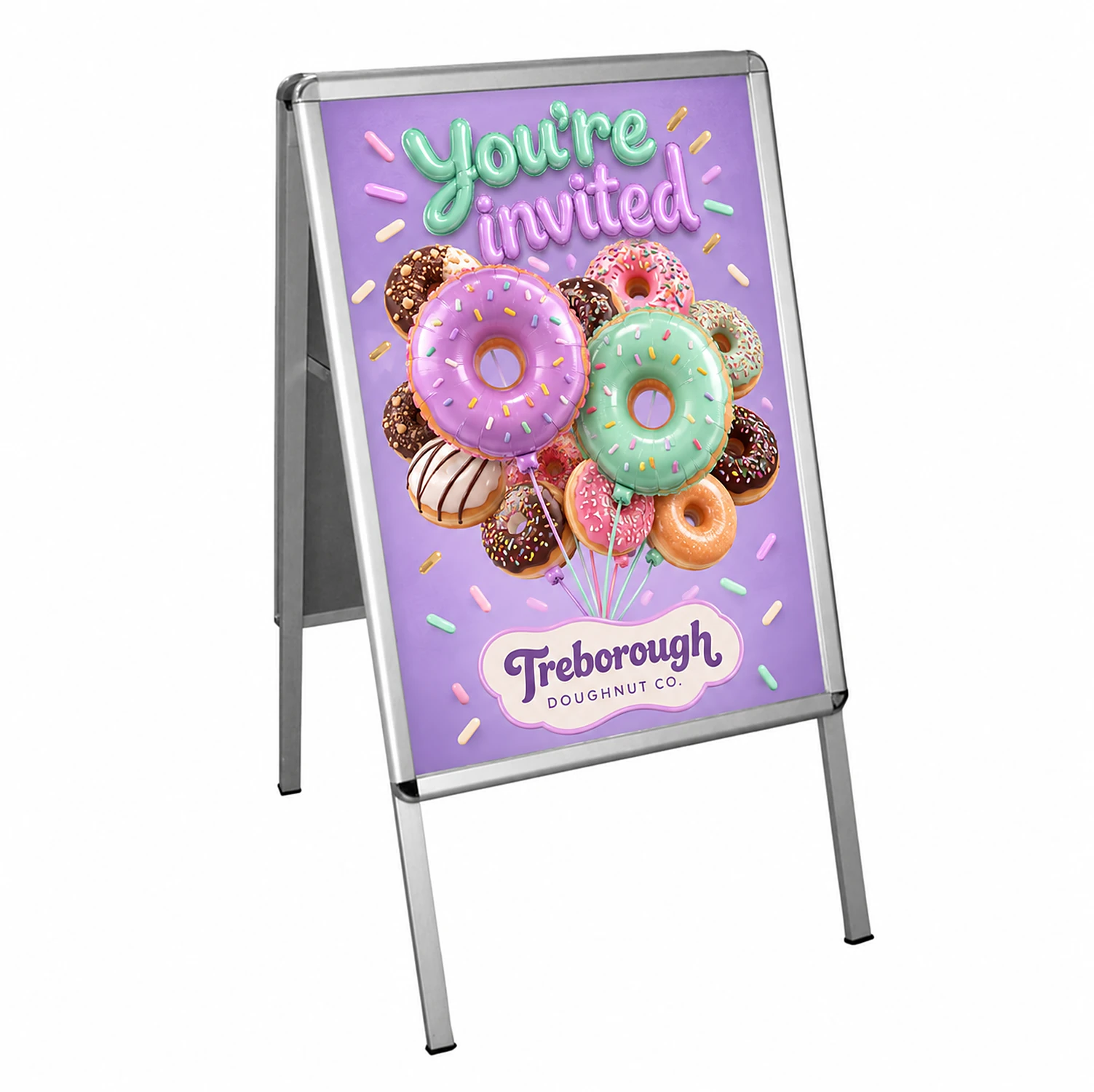 Rhino A-Board - A2 Size - Double-Sided Print with Anti-Glare Covers, shown with example artwork