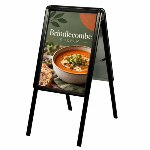 Rhino A-Board - A2 Size - Double-Sided Print with Anti-Glare Covers, shown with example artwork