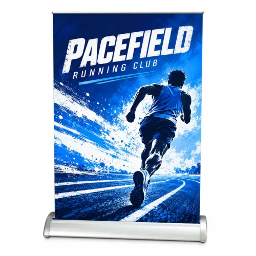 Rhino Desktop Roller Banner - Full Colour Custom Print - A4 Size, shown with example artwork