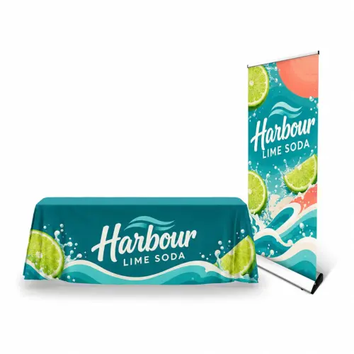 Rhino Roller Banner Bundle - 800x2000mm & 1780x2780mm Tablecloth, shown with example artwork