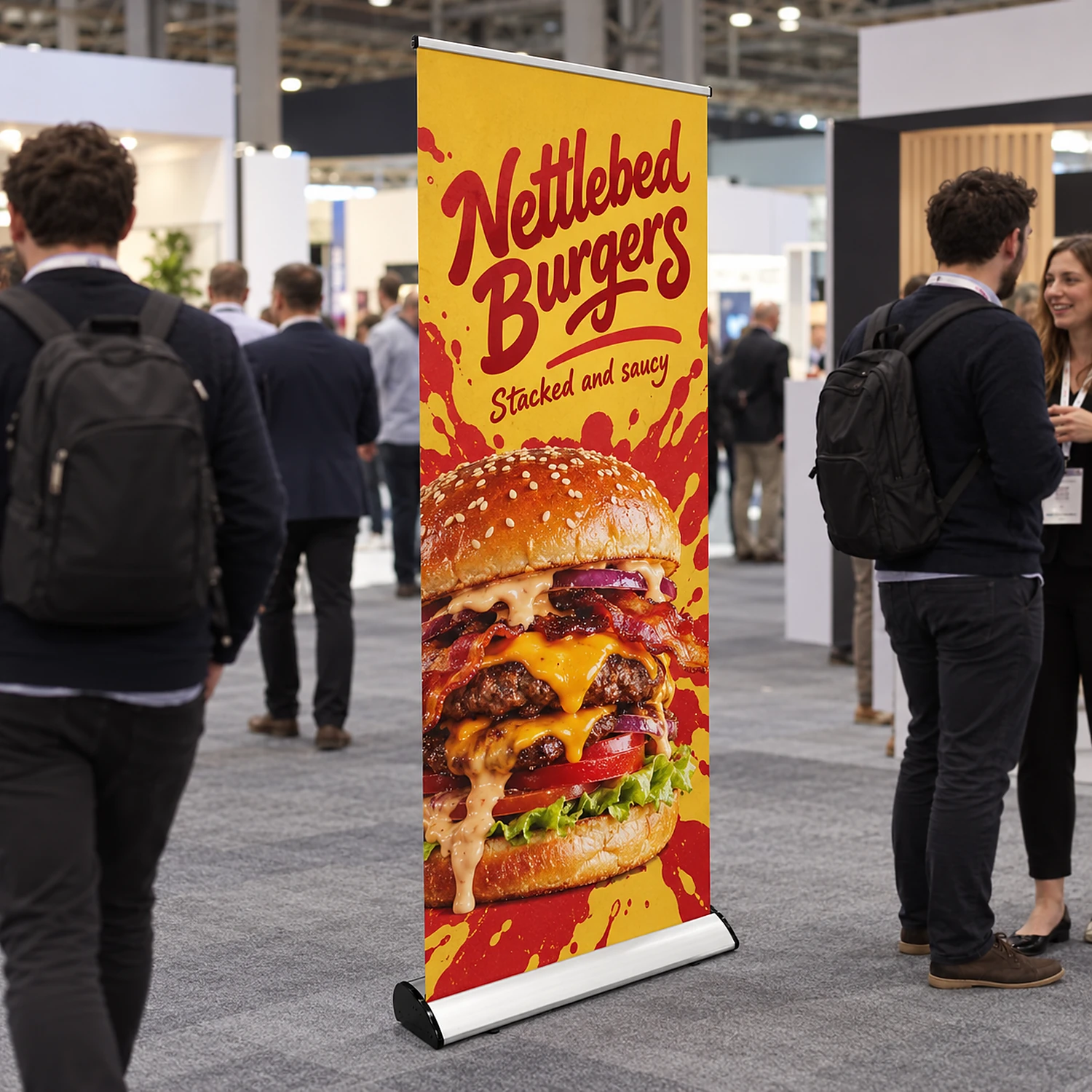 Rhino roller banner in use at a busy trade show