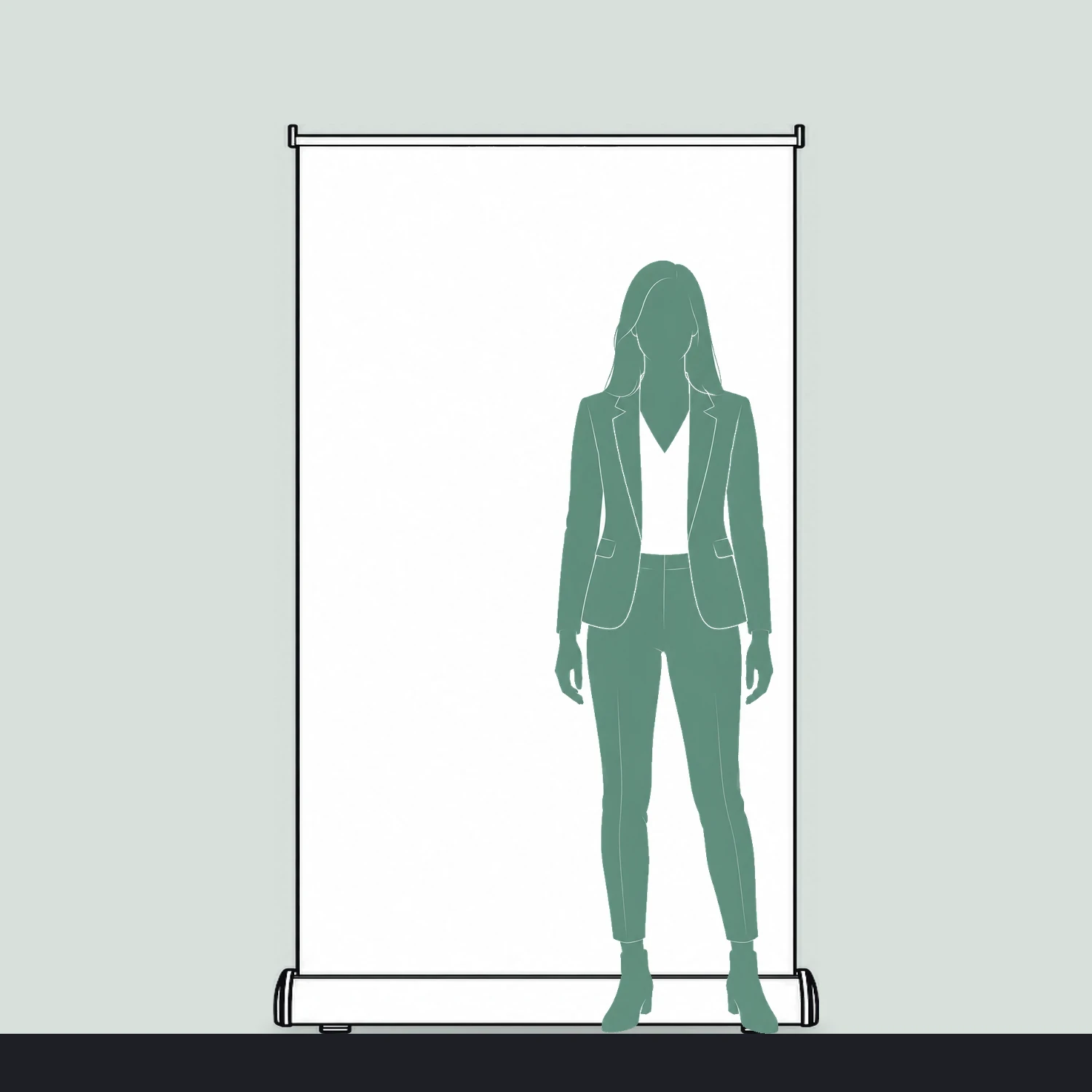 Rhino roller banner size guide, 1200mm wide x 2000mm high, shown next to a person for scale
