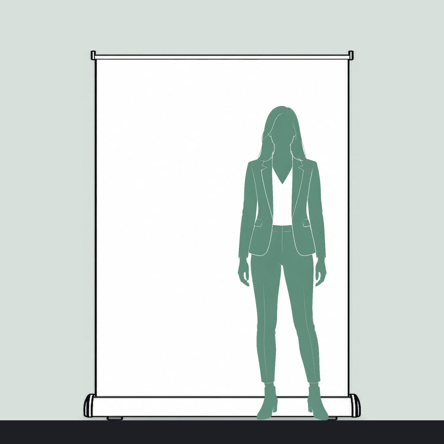 Rhino roller banner size guide, 1500mm wide x 2000mm high, shown next to a person for scale