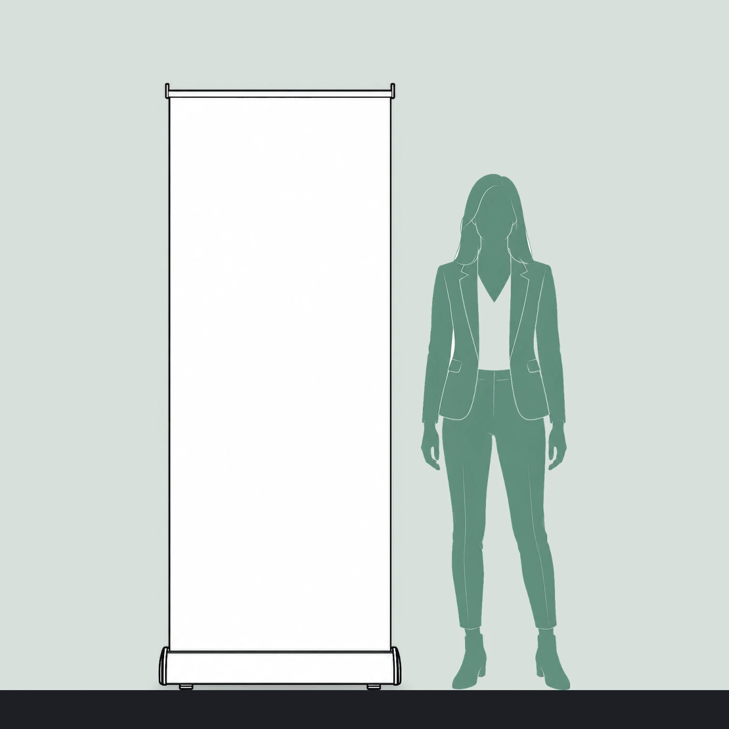 Rhino roller banner size guide, 800mm wide x 2000mm high, shown next to a person for scale
