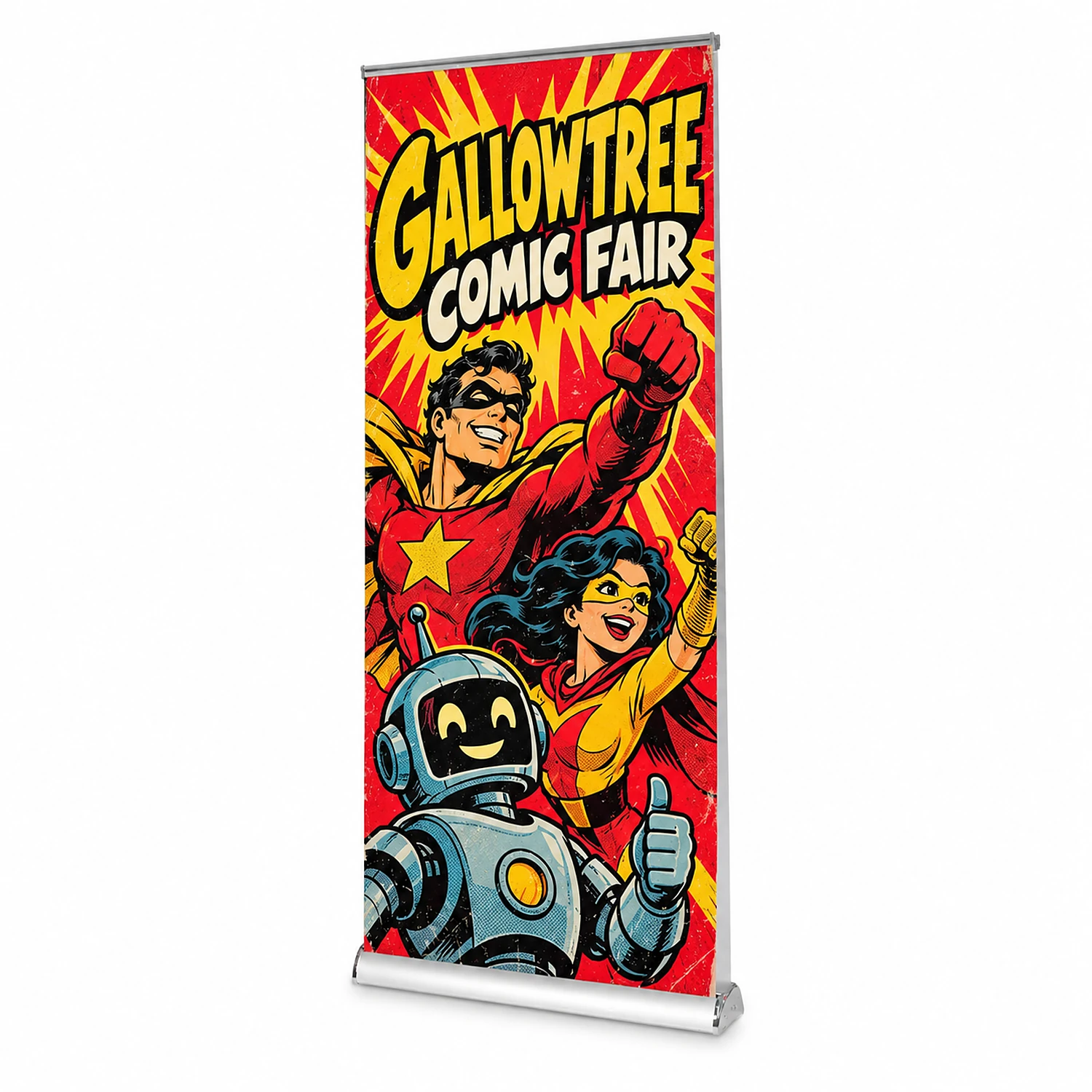 Rhino Twin Roller Banner - 850mm Width x 2100mm Height - Double-Sided, shown with example artwork