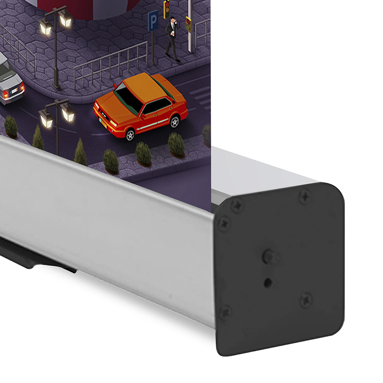 Close-up of the roller banner cassette base and end cap