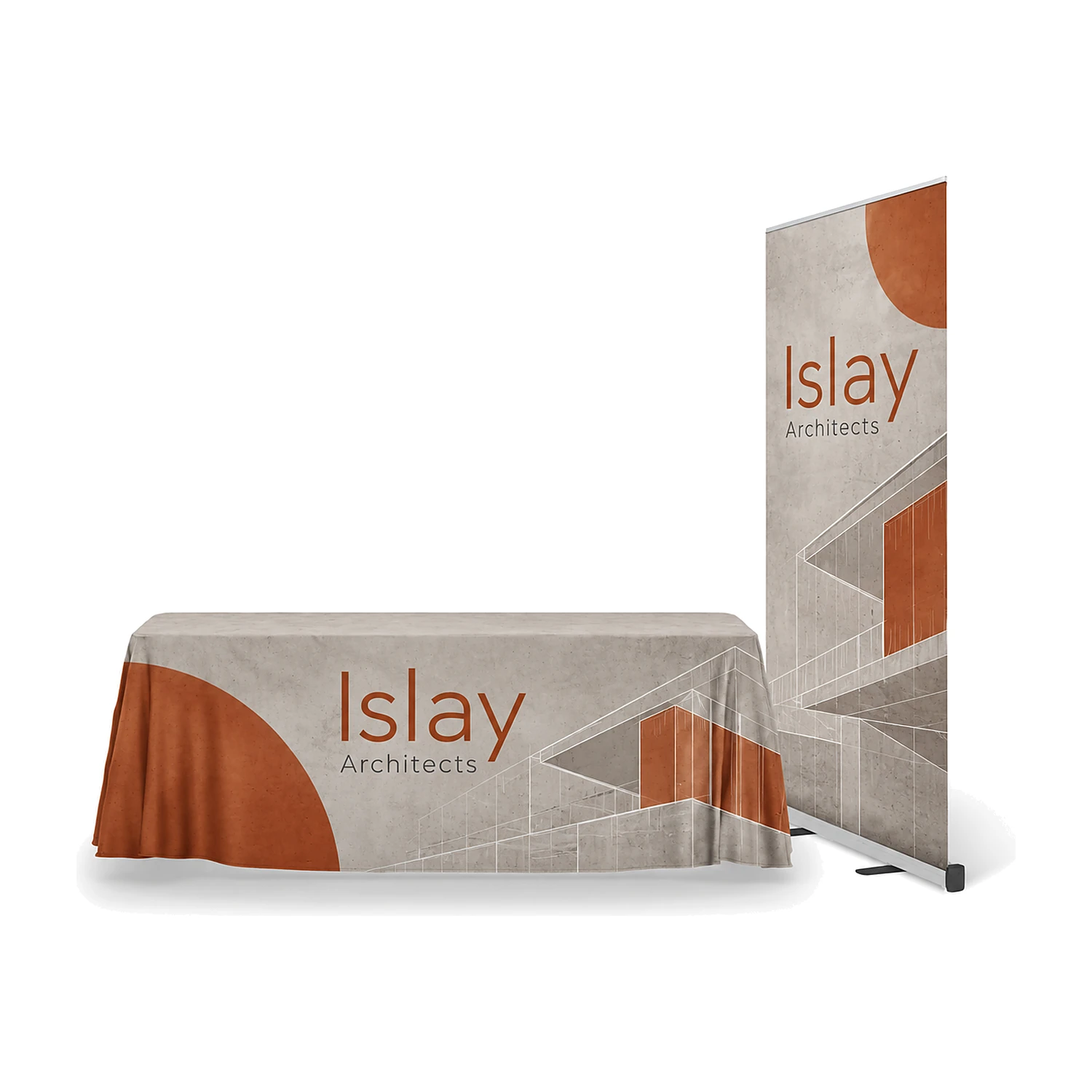 Roller banner and printed tablecloth bundle printed with an example design
